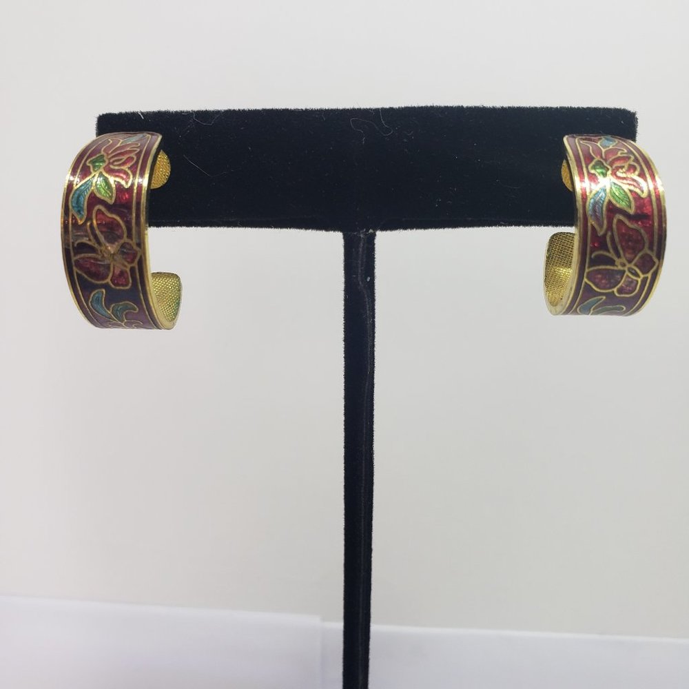 SALE PRICED!!>>VINTAGE CLOISONNE FALL HOOP EARRINGS